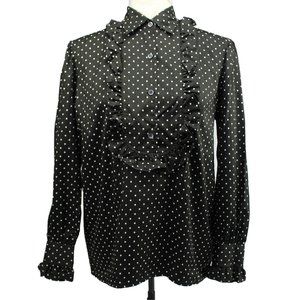 VTG Saint Laurent Rive Gauche Black Silk Polka Dot Ruffled Bib Blouse 40 France